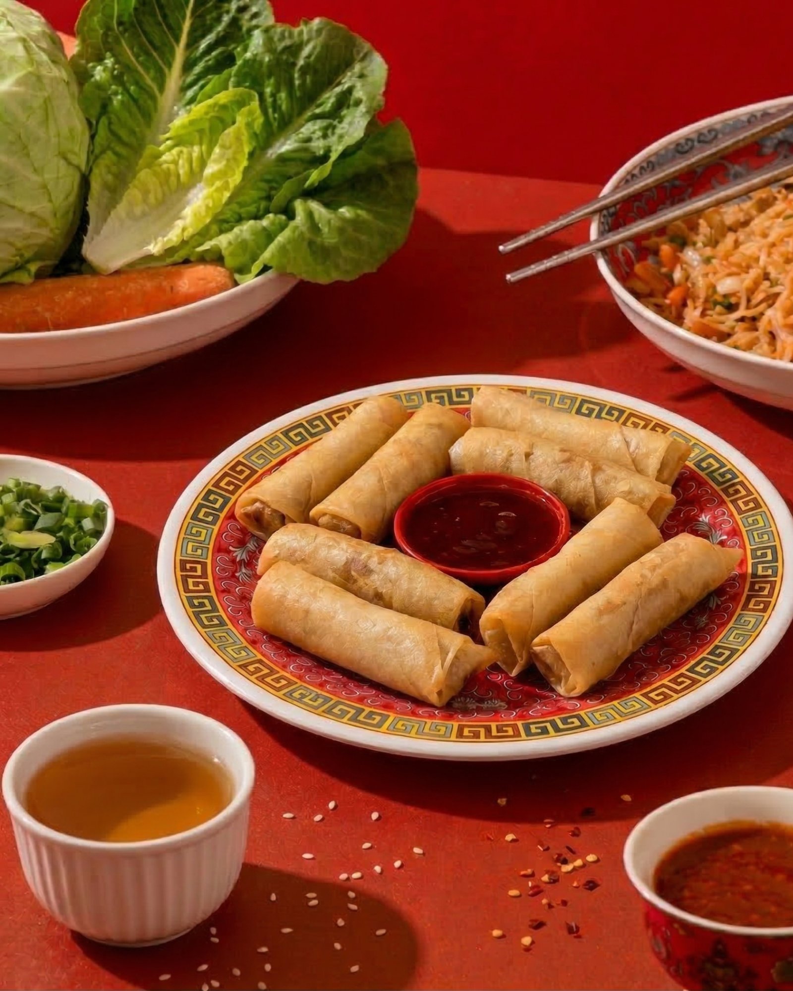 Spring rolls served on a traditional Chinese plate with dipping sauces