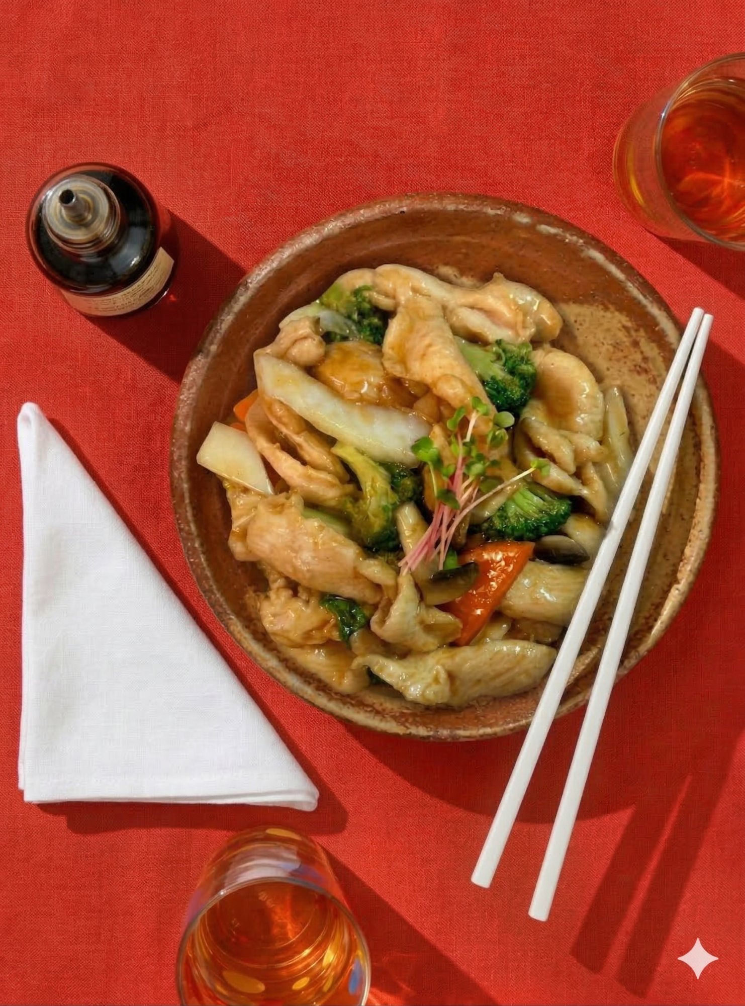 Chicken and vegetable stir fry in a bowl with chopsticks