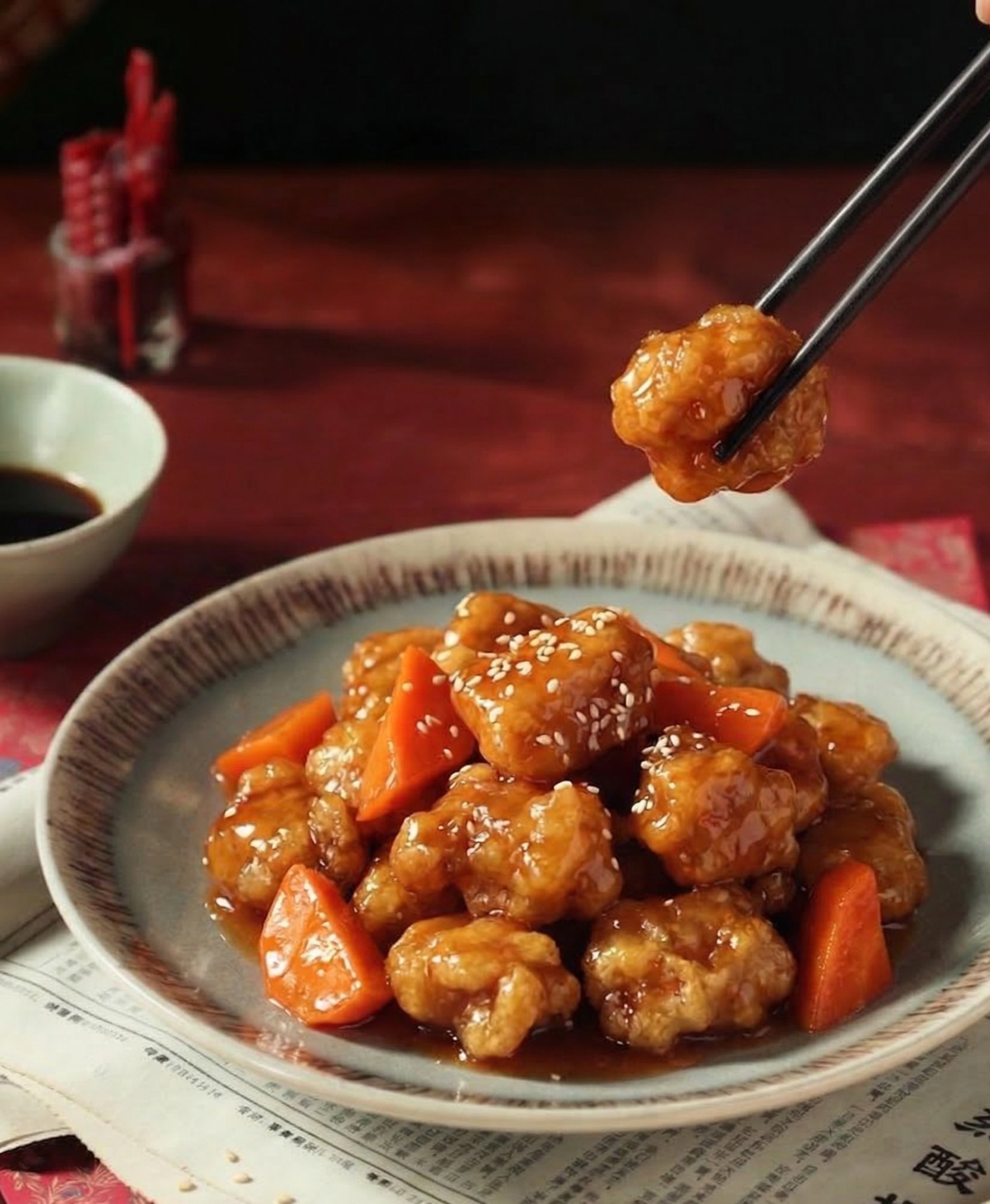 Honey chicken with sesame and carrots